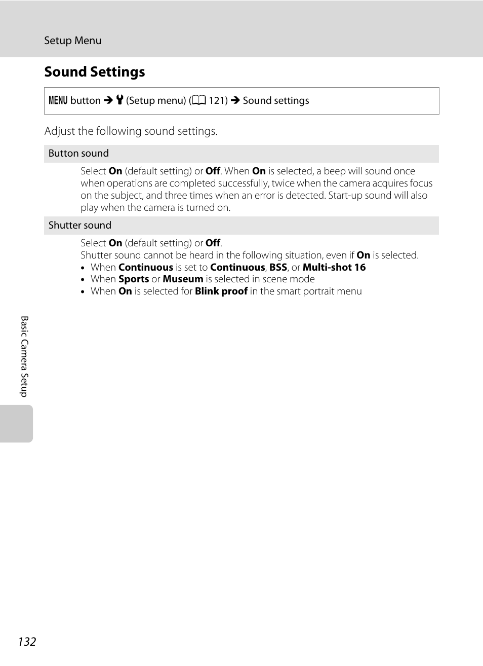 Sound settings, A 132 | Nikon S5100 User Manual | Page 144 / 180