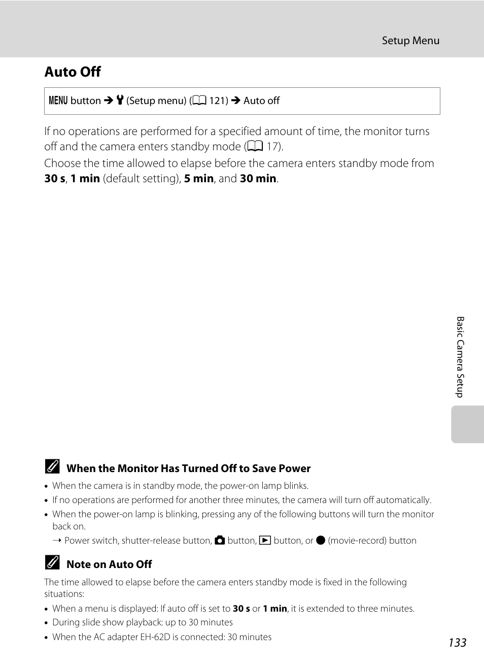 Auto off, A 133), A 133) i | A 133 | Nikon S5100 User Manual | Page 145 / 180