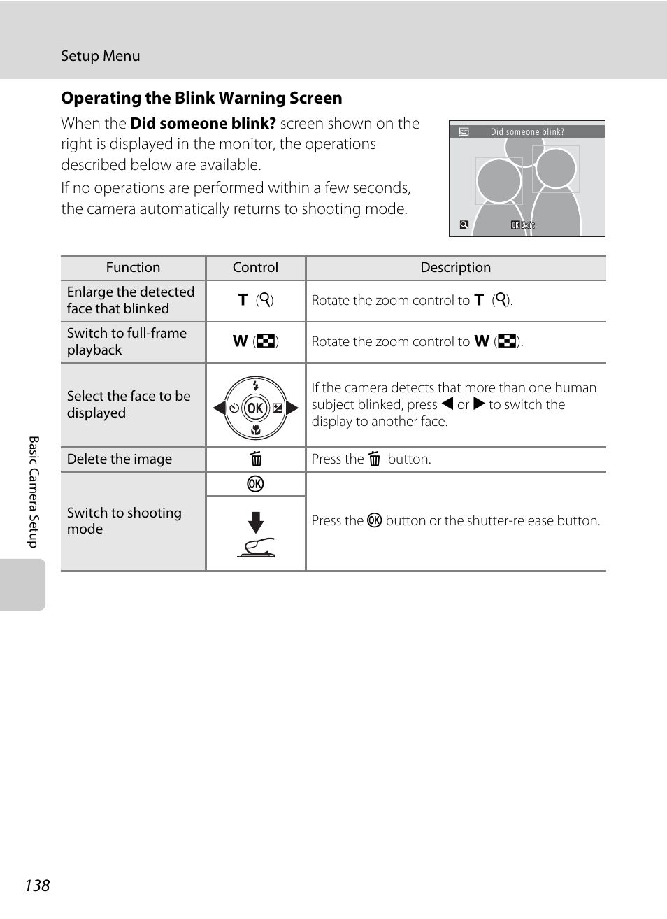 See “operating the blink warning screen, A 138) for, Operating the blink warning screen | Nikon S5100 User Manual | Page 150 / 180