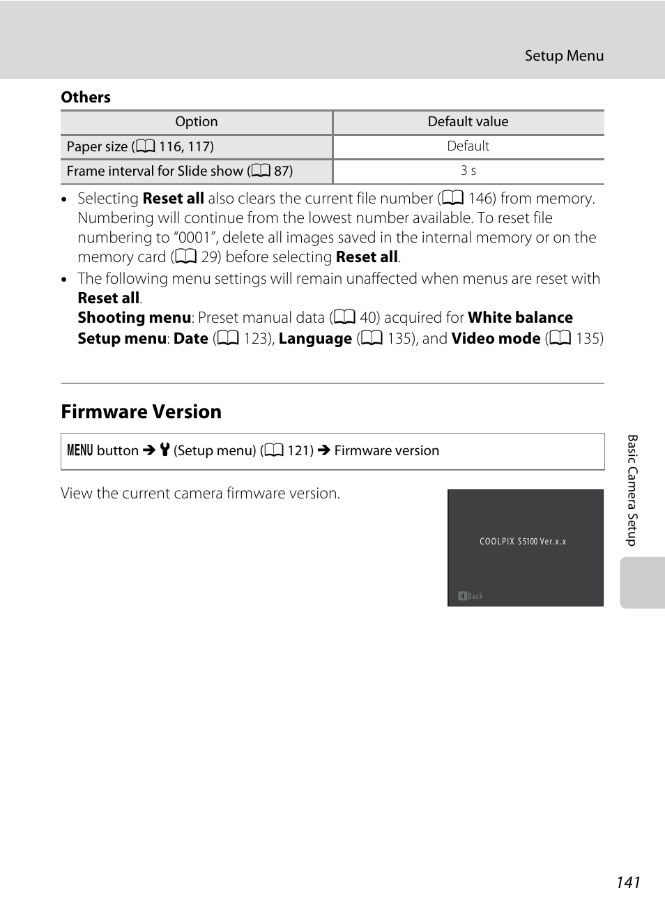 Firmware version, A 141 | Nikon S5100 User Manual | Page 153 / 180