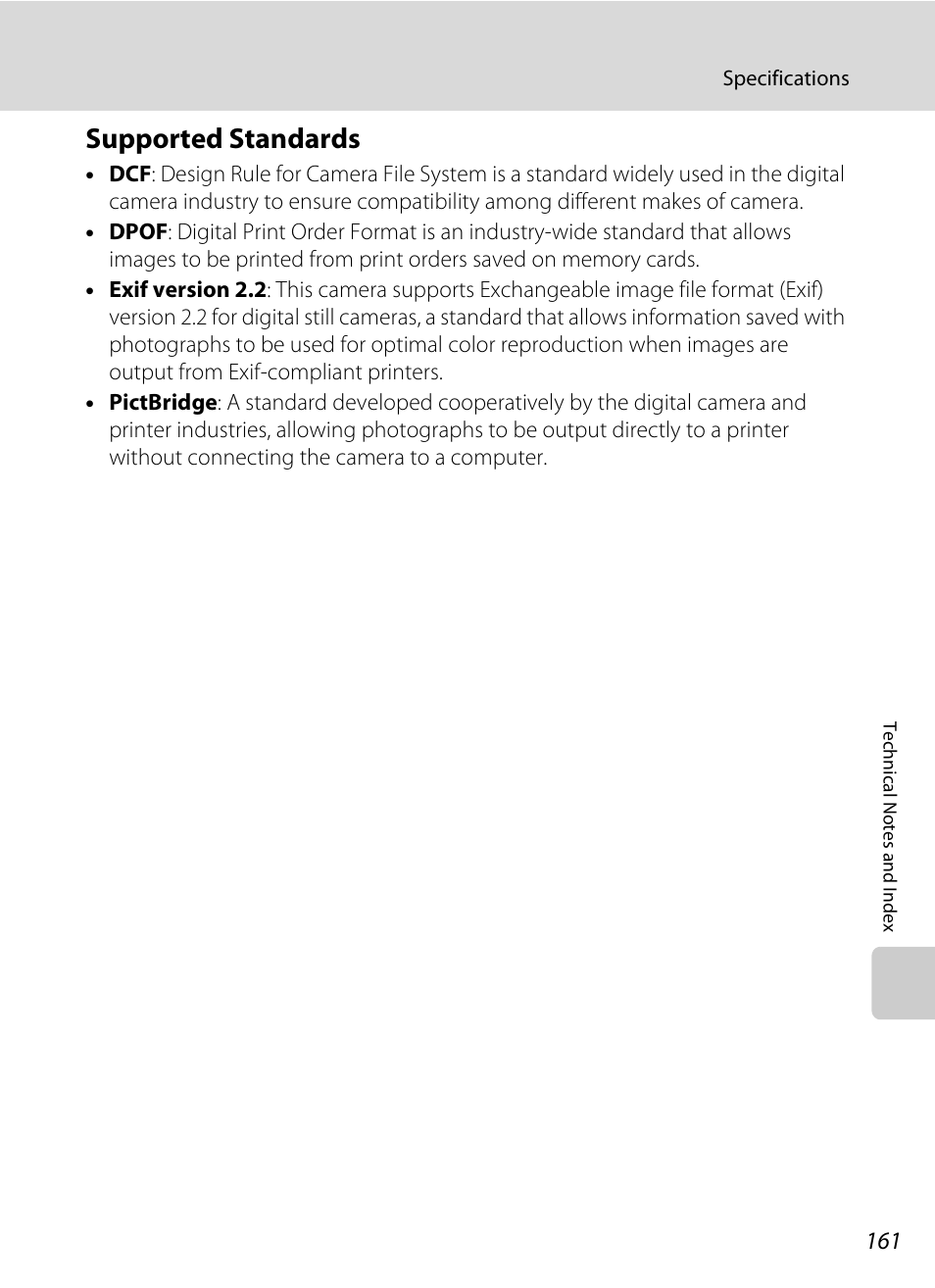 Supported standards, A 161), Tible | A 161) printers | Nikon S5100 User Manual | Page 173 / 180