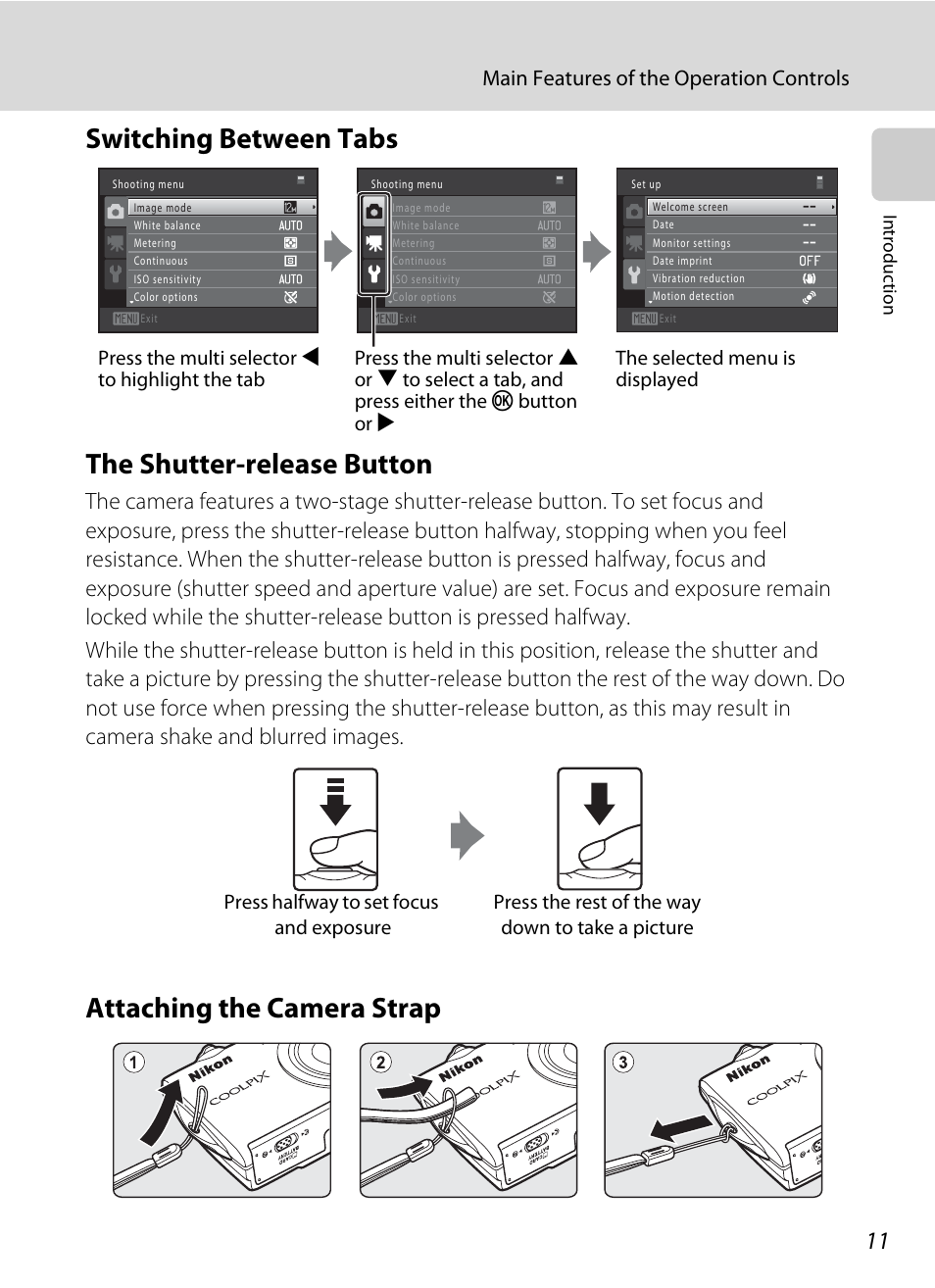 Switching between tabs, The shutter-release button, Attaching the camera strap | A 11, A 11), Switching between tabs the shutter-release button, Main features of the operation controls | Nikon S5100 User Manual | Page 23 / 180