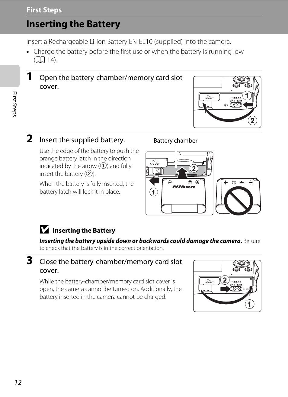 First steps, Inserting the battery | Nikon S5100 User Manual | Page 24 / 180