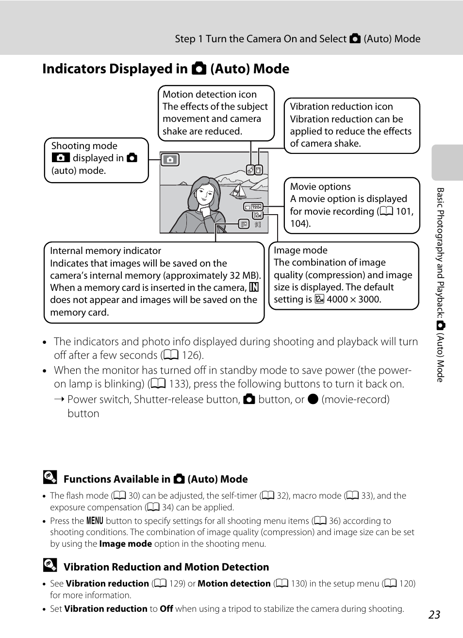 Indicators displayed in auto mode, Indicators displayed in a (auto) mode | Nikon S5100 User Manual | Page 35 / 180