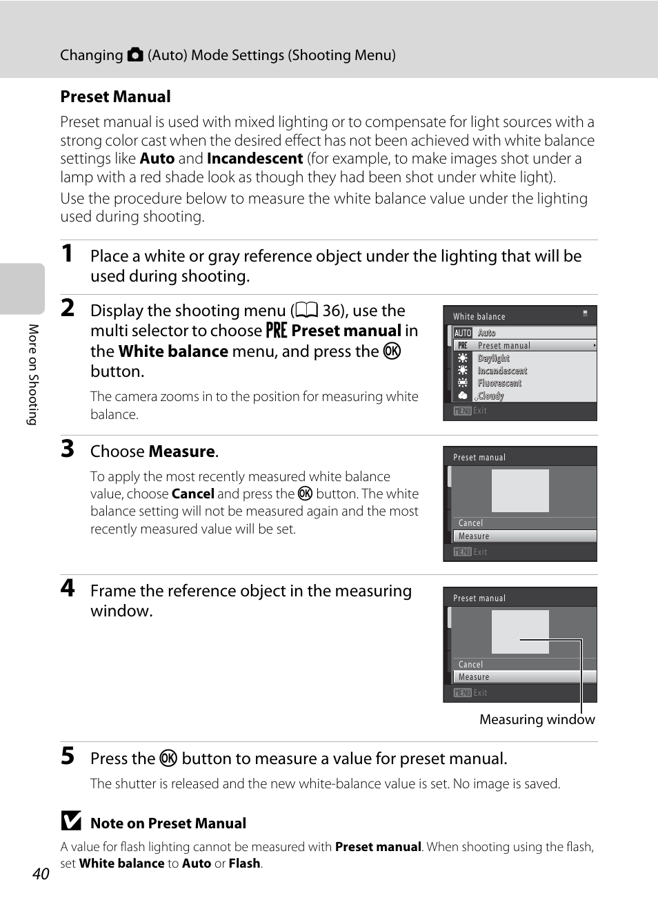 Preset manual, A 40), Choose measure | Frame the reference object in the measuring window | Nikon S5100 User Manual | Page 52 / 180