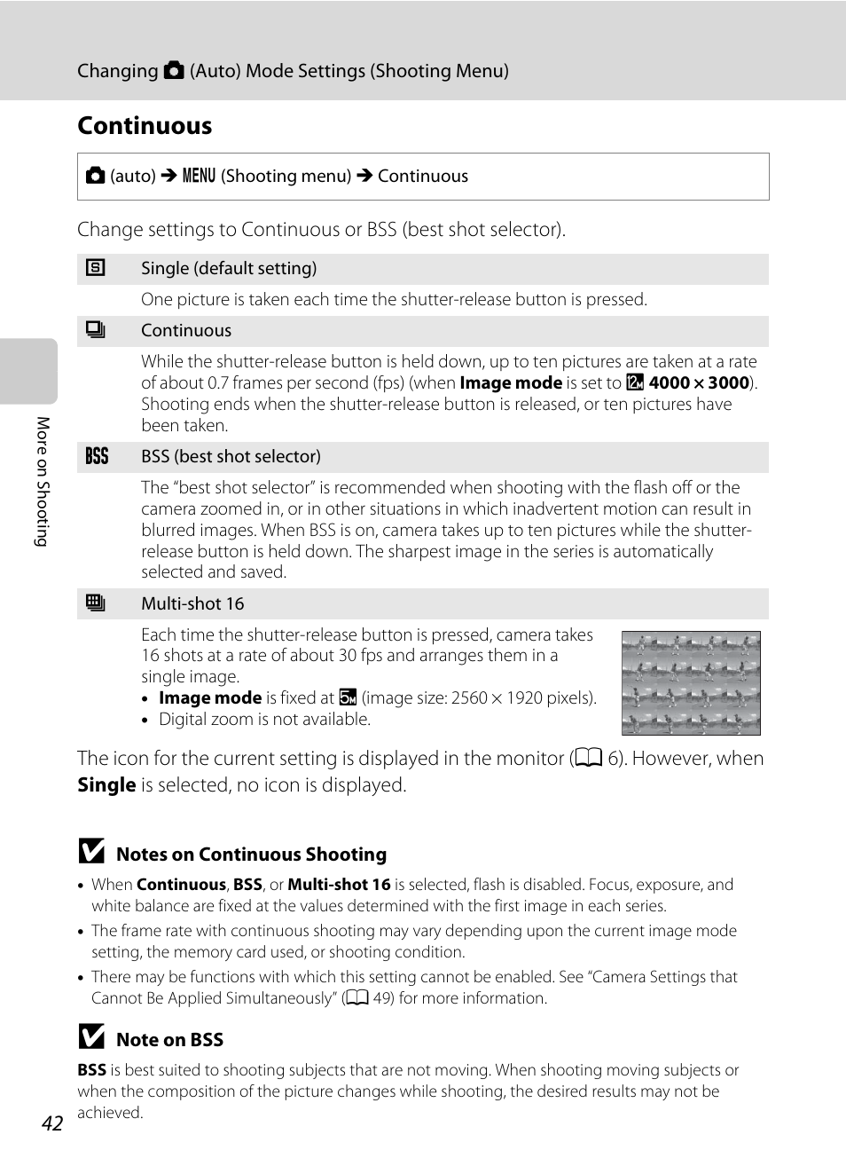 Continuous, A 42)), A 42 | Nikon S5100 User Manual | Page 54 / 180