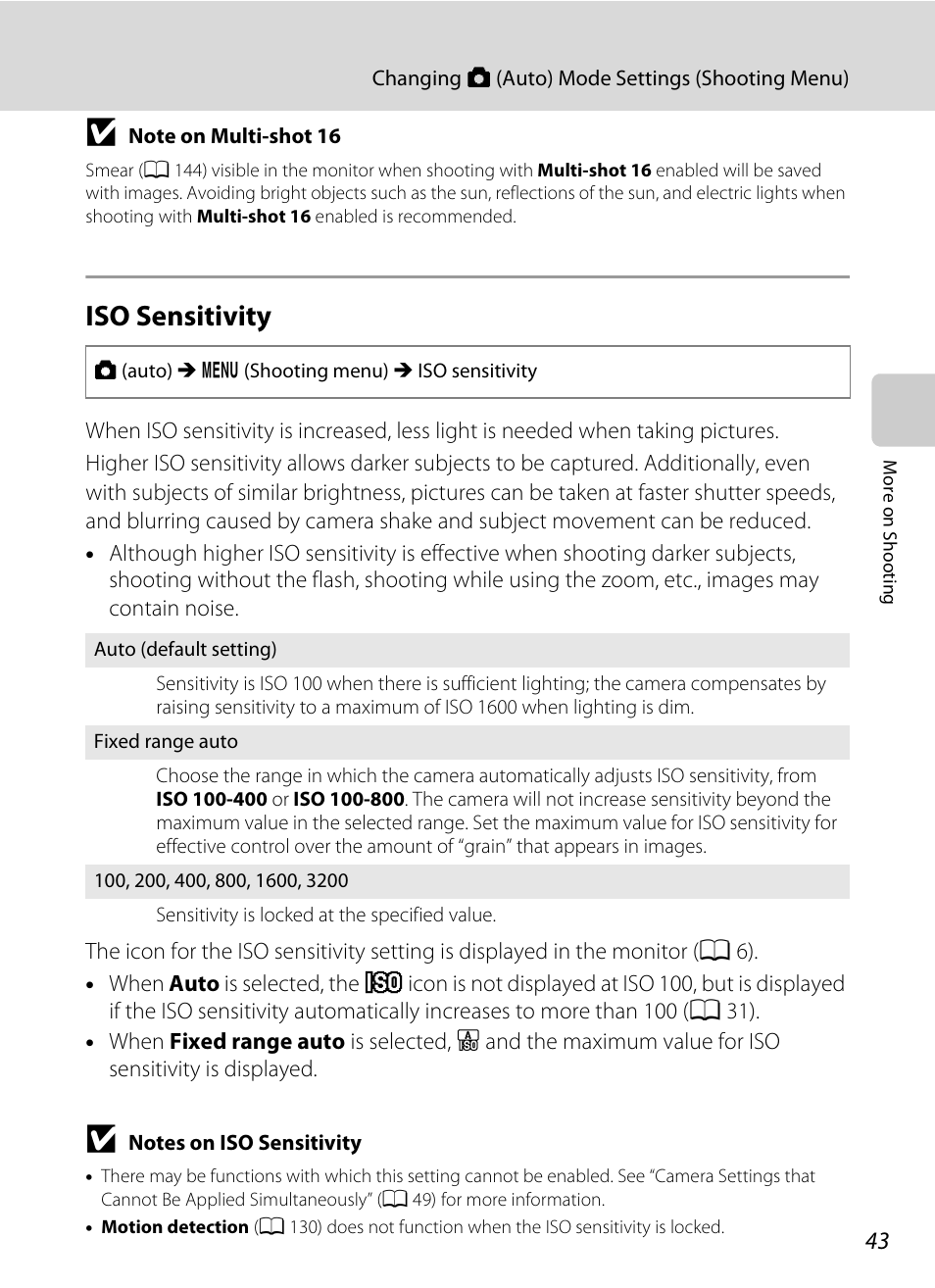 Iso sensitivity, A 43 | Nikon S5100 User Manual | Page 55 / 180