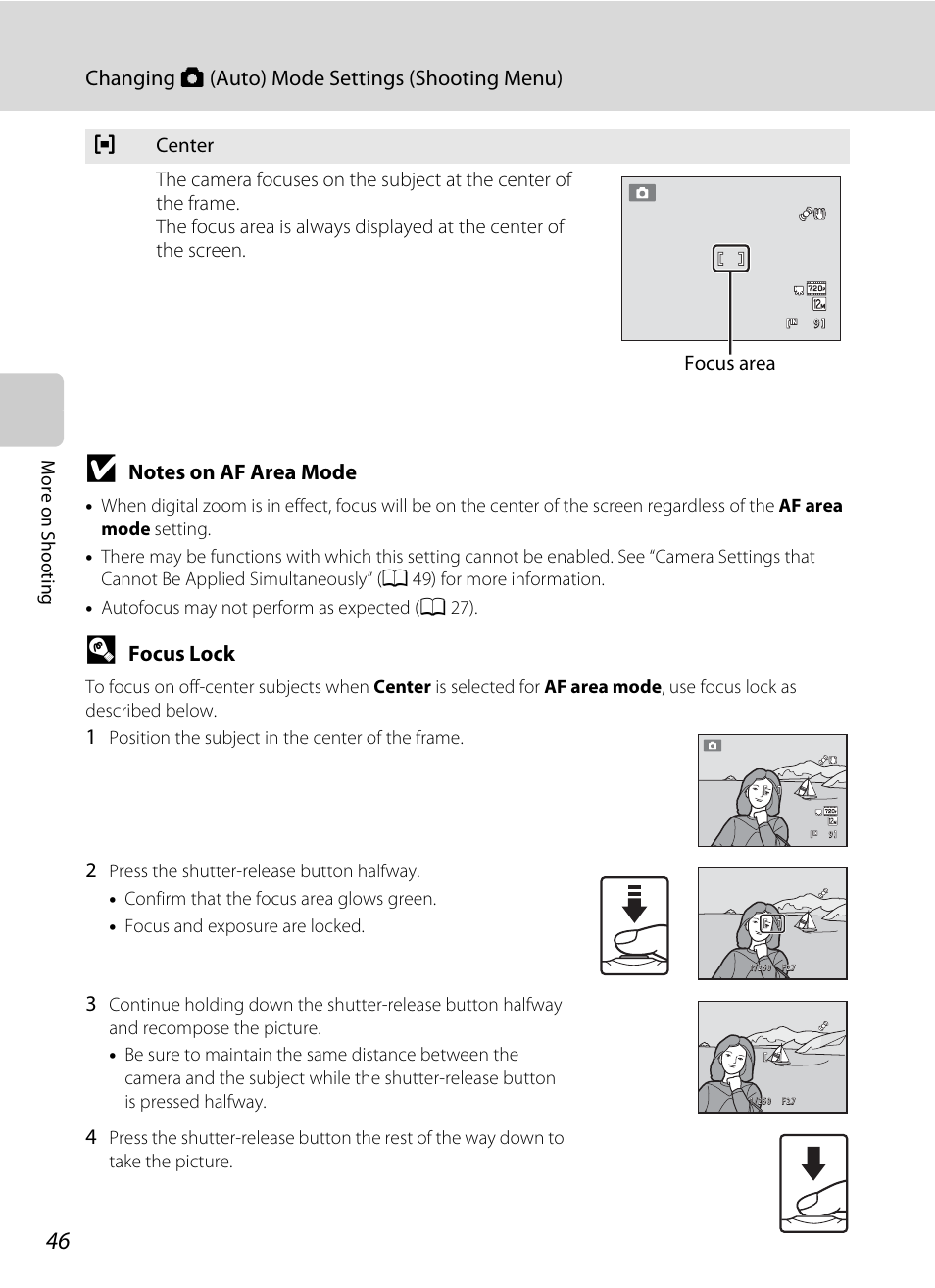 A 46, Changing a (auto) mode settings (shooting menu), Focus lock | Nikon S5100 User Manual | Page 58 / 180