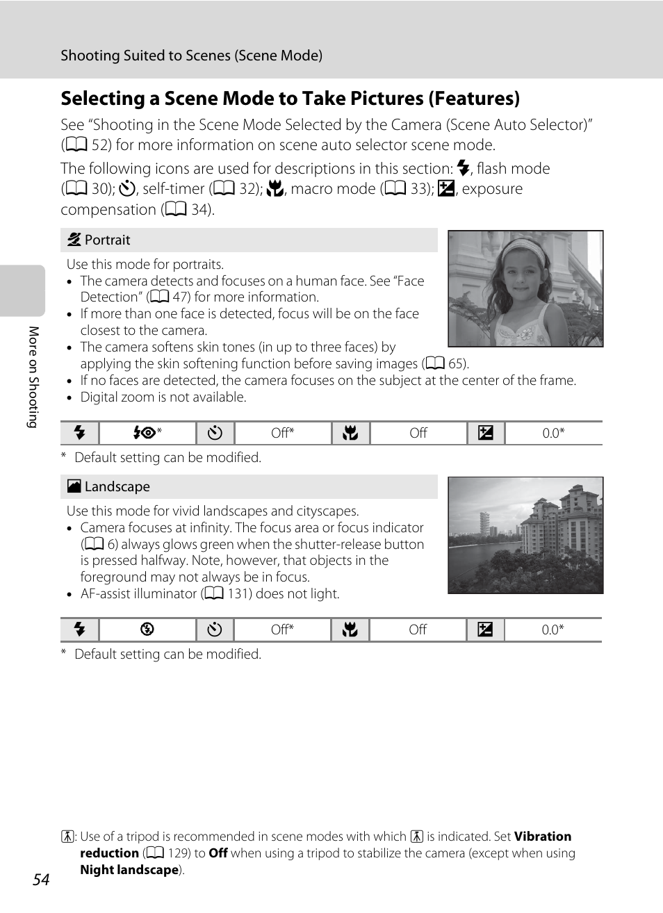 Selecting a scene mode to take pictures (features), A 54–61), A 54) | A 54 | Nikon S5100 User Manual | Page 66 / 180