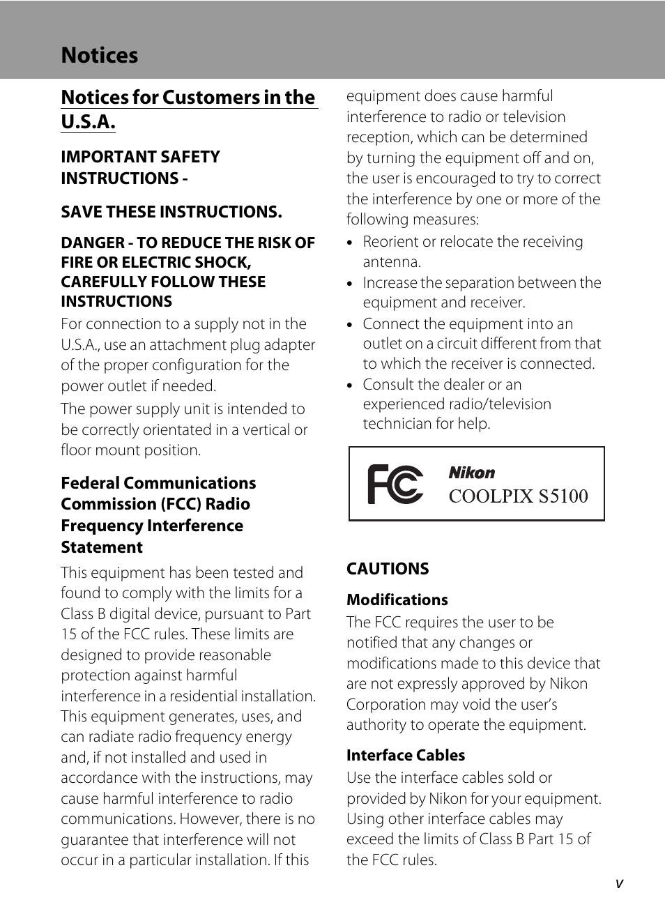 Notices, Notices for customers in the u.s.a | Nikon S5100 User Manual | Page 7 / 180
