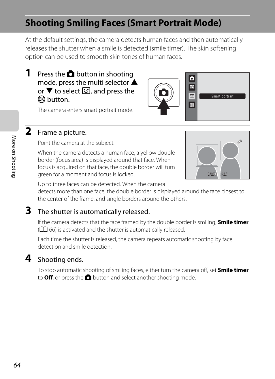 Shooting smiling faces (smart portrait mode), A 64, Mode | A 64) | Nikon S5100 User Manual | Page 76 / 180