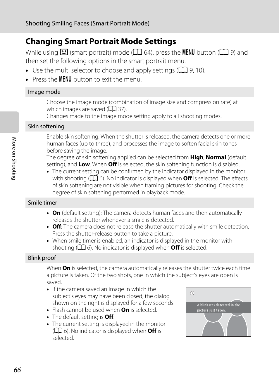 Changing smart portrait mode settings, A 66), 66) is act | Nikon S5100 User Manual | Page 78 / 180