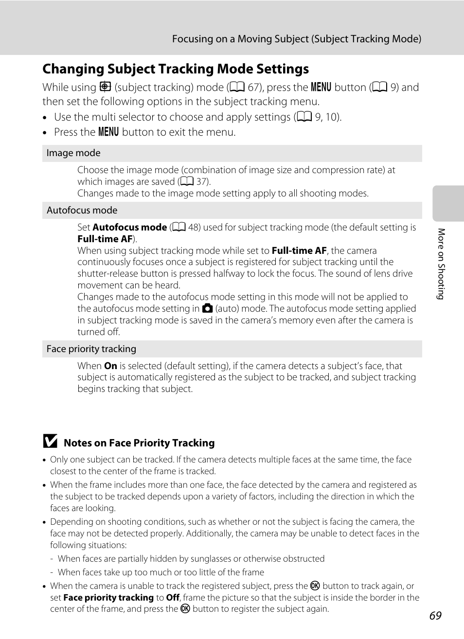 Changing subject tracking mode settings, A 69 | Nikon S5100 User Manual | Page 81 / 180