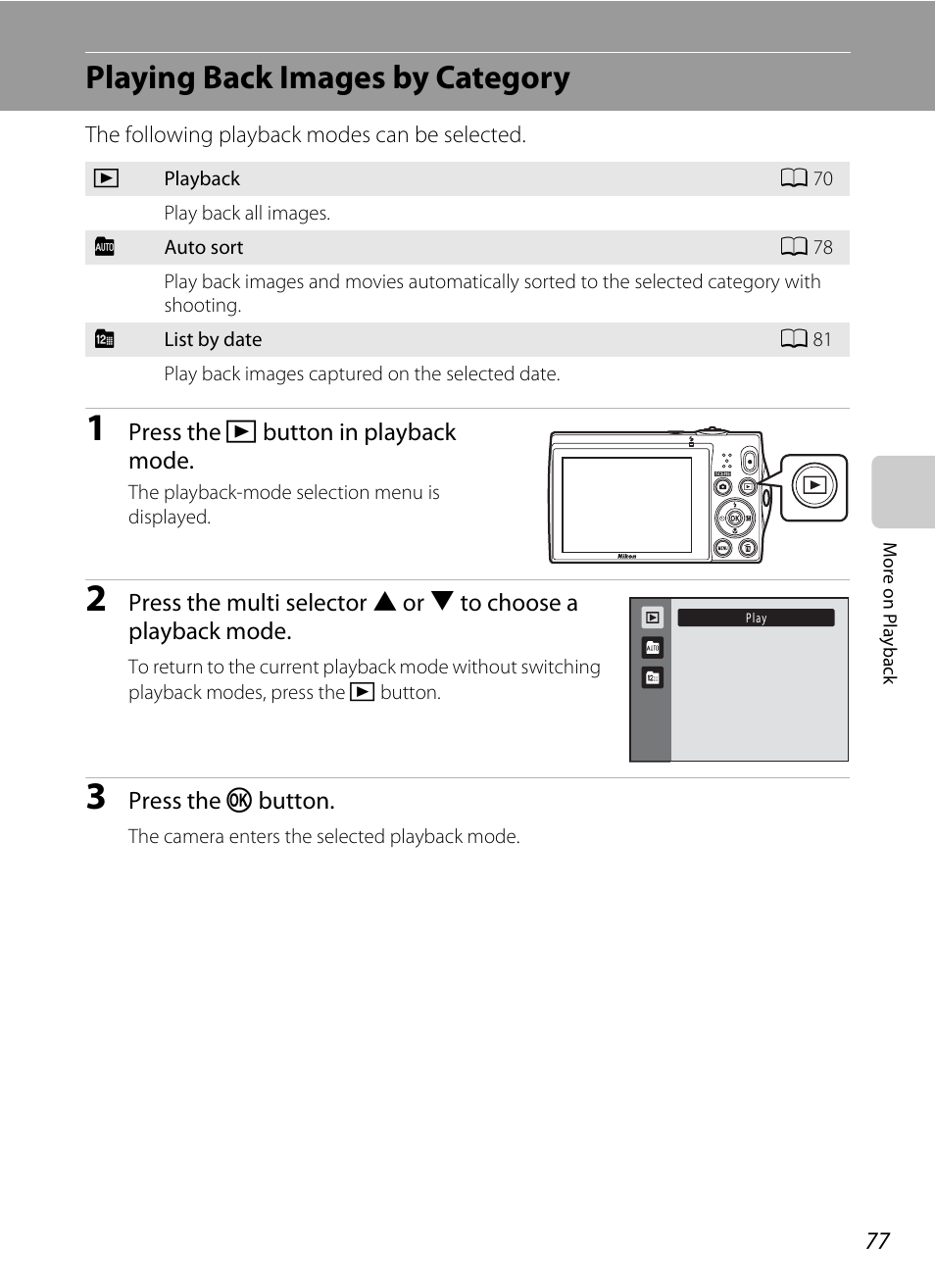 Playing back images by category, A 77) | Nikon S5100 User Manual | Page 89 / 180