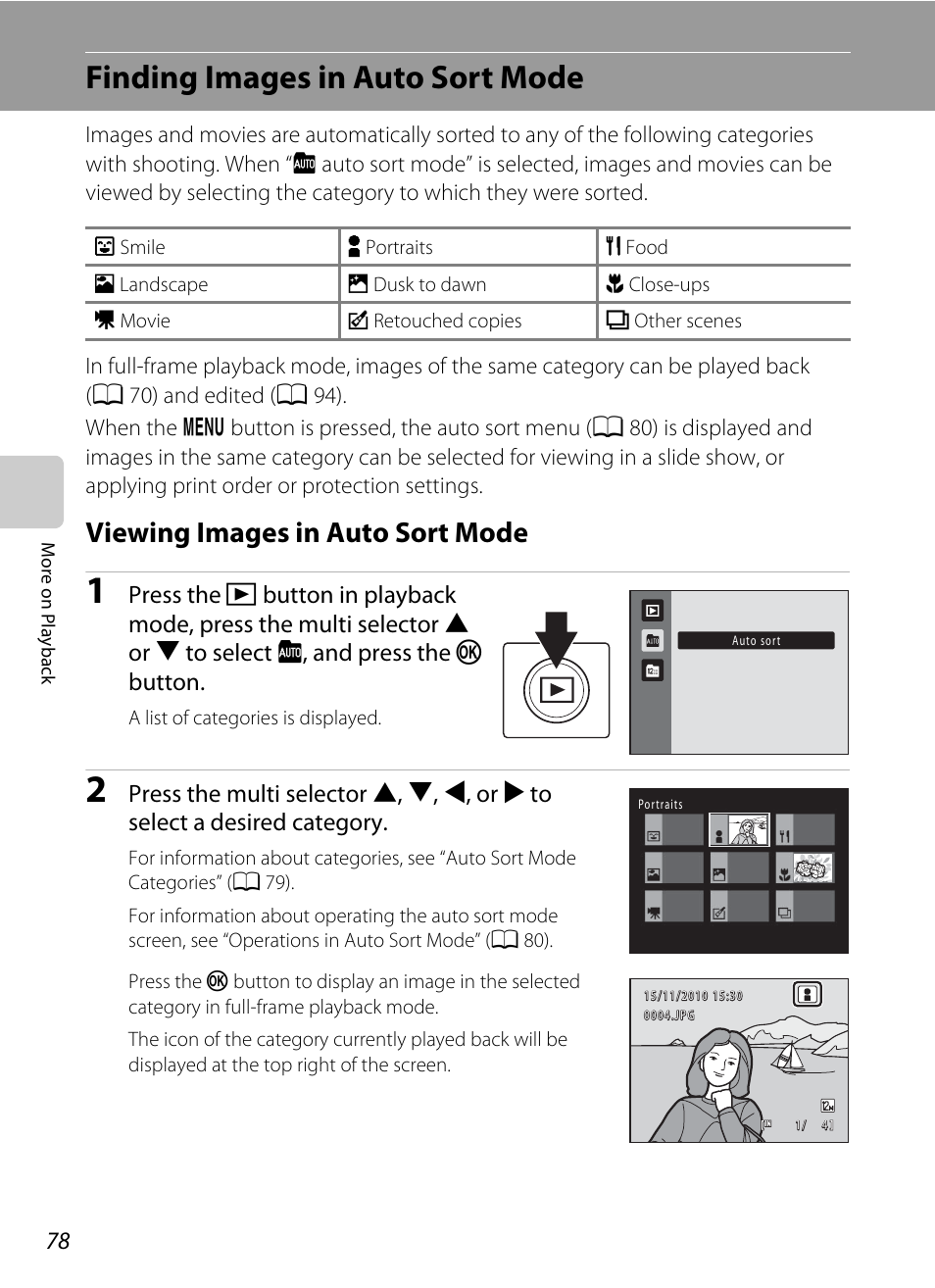 Finding images in auto sort mode, Viewing images in auto sort mode, A 78) o | A 78, A 78) or | Nikon S5100 User Manual | Page 90 / 180