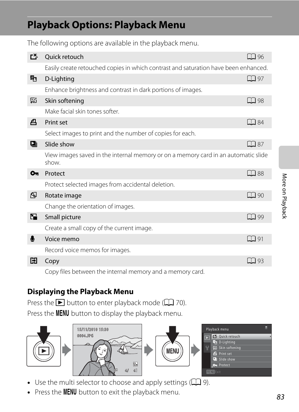 Playback options: playback menu, A 83), Displaying the playback menu | Nikon S5100 User Manual | Page 95 / 180