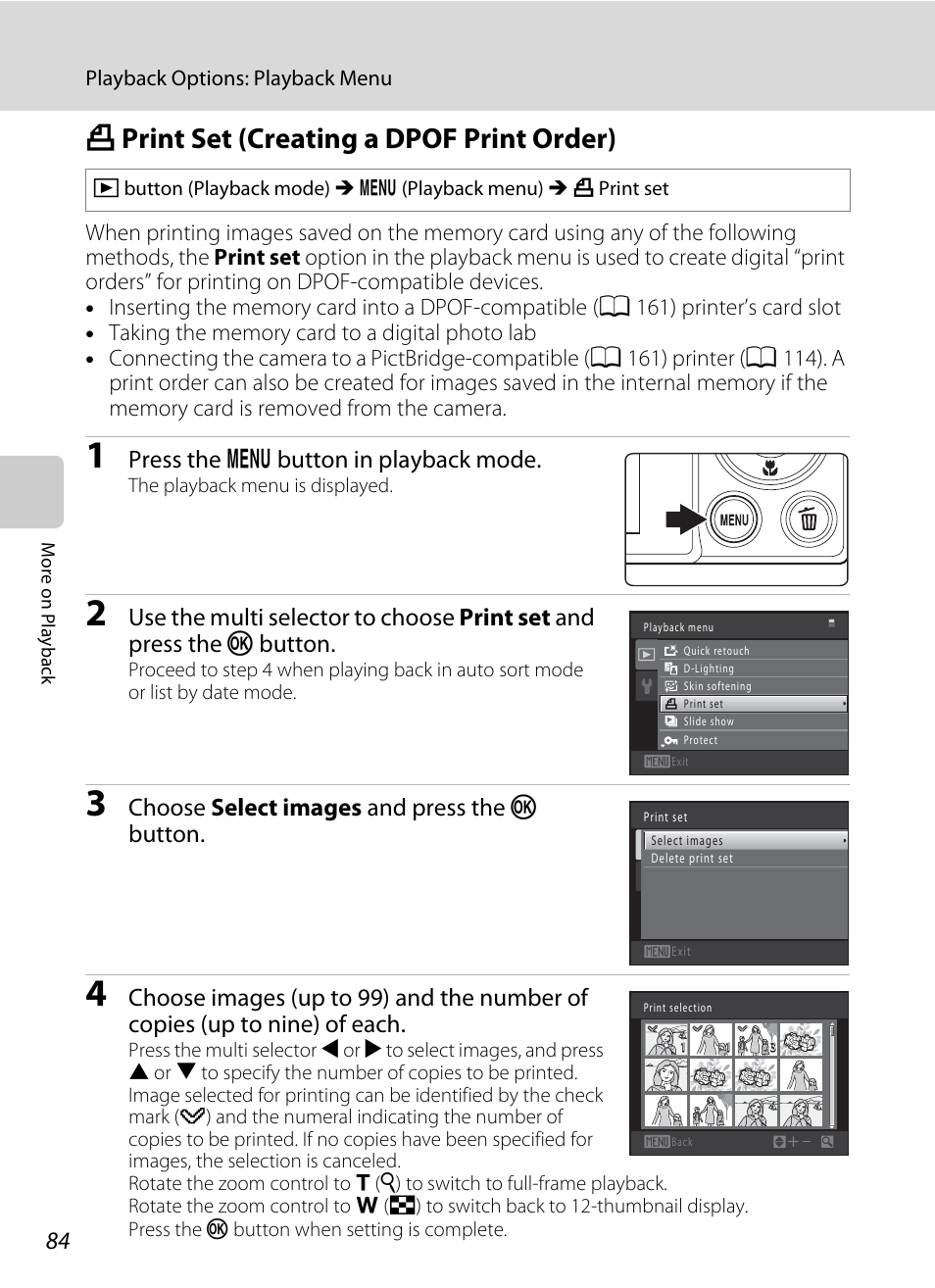 Print set (creating a dpof print order), A print set (creating a dpof print order), A 84 | Aprint set (creating a dpof print order), Press the d button in playback mode, Choose select images and press the k button | Nikon S5100 User Manual | Page 96 / 180