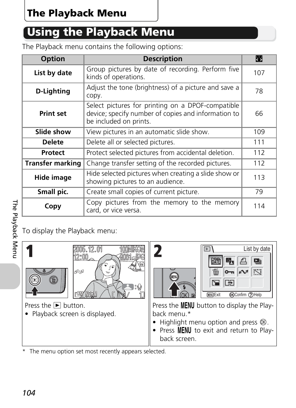 Using the playback menu, The playback menu | Nikon P1 - P2 User Manual | Page 116 / 183