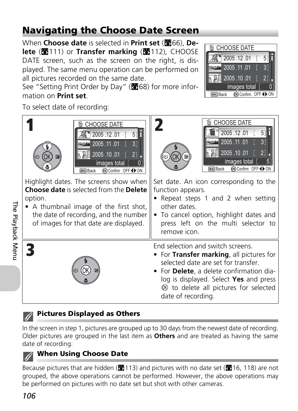 Navigating the choose date screen | Nikon P1 - P2 User Manual | Page 118 / 183