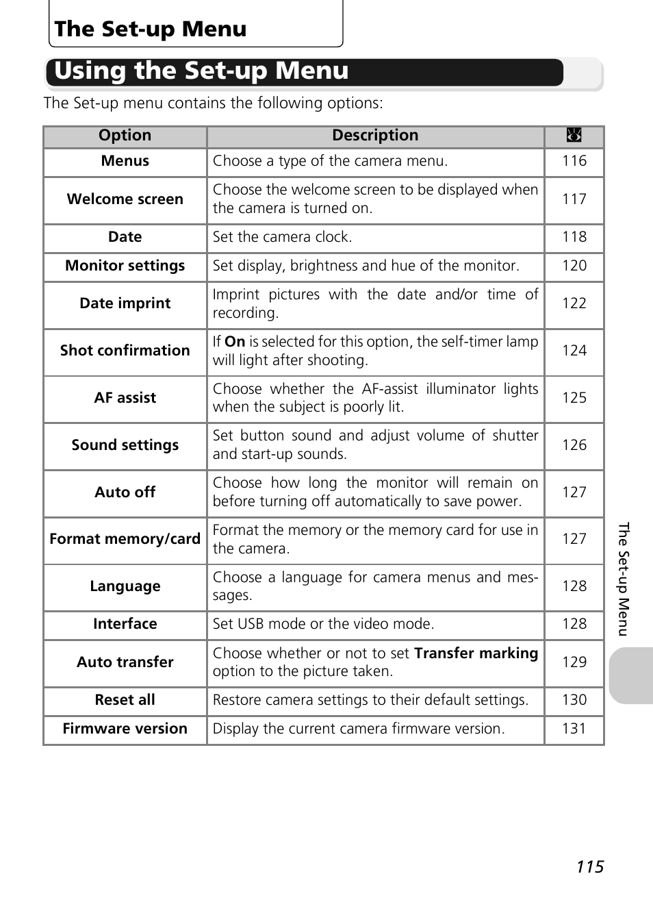 Using the set-up menu, The set-up menu | Nikon P1 - P2 User Manual | Page 127 / 183