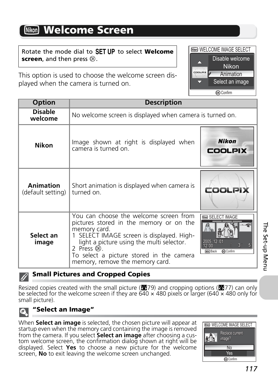 V welcome screen, Option description | Nikon P1 - P2 User Manual | Page 129 / 183