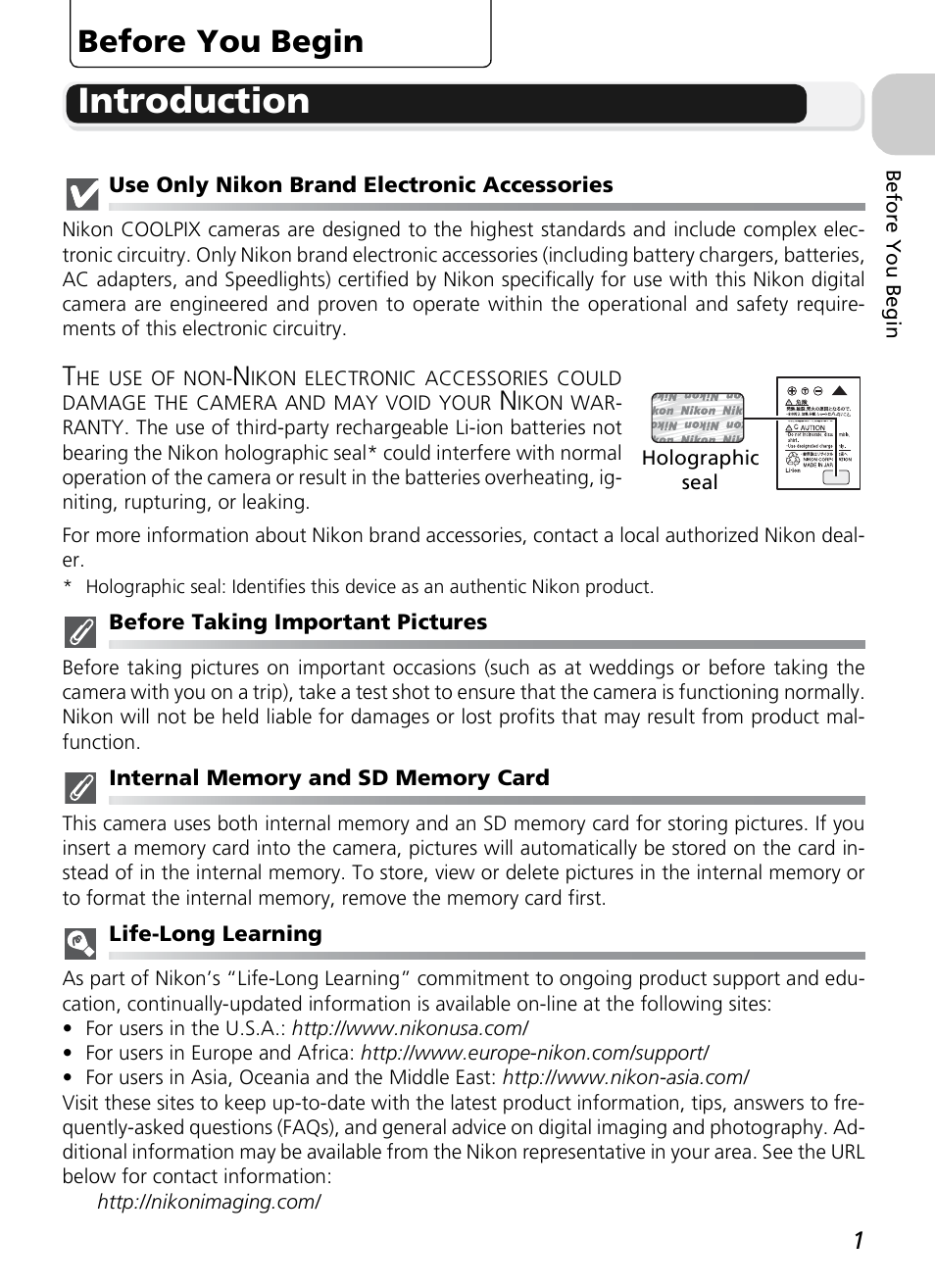 Introduction, Before you begin | Nikon P1 - P2 User Manual | Page 13 / 183