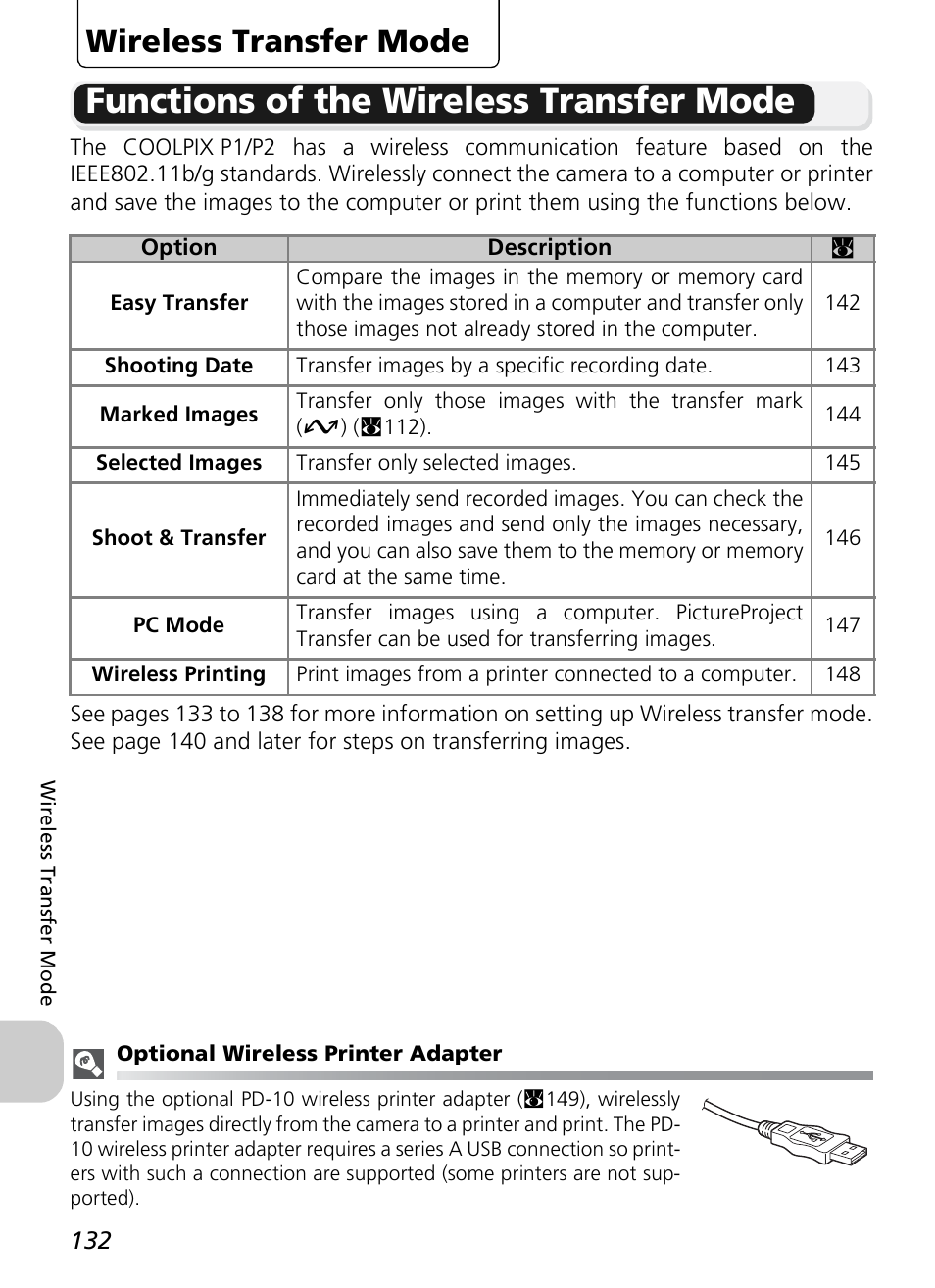 Functions of the wireless transfer mode, Wireless transfer mode | Nikon P1 - P2 User Manual | Page 144 / 183