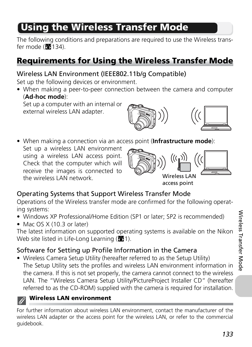 Using the wireless transfer mode, Requirements for using the wireless transfer mode | Nikon P1 - P2 User Manual | Page 145 / 183