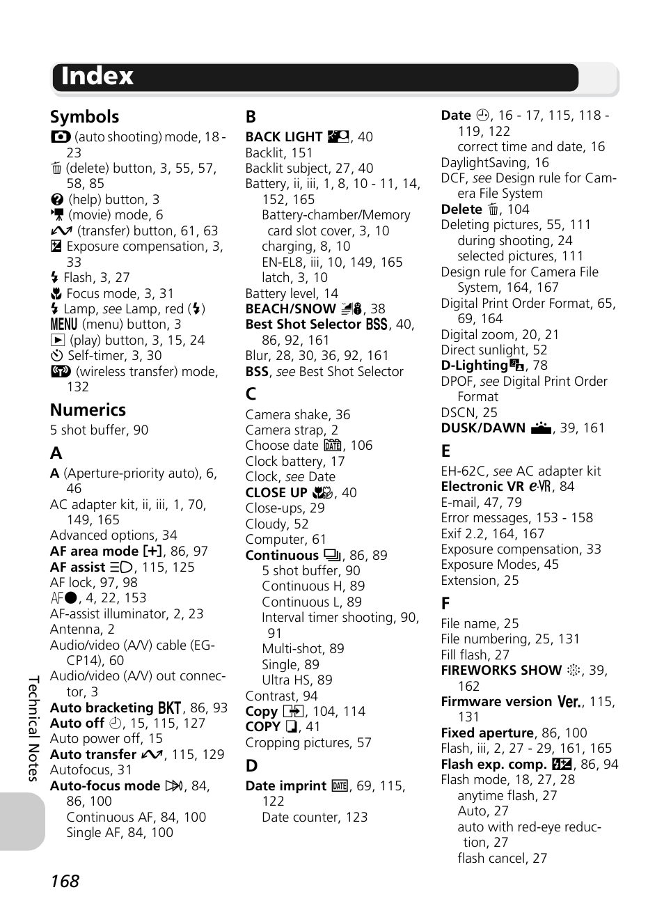 Index, Symbols, Numerics | Nikon P1 - P2 User Manual | Page 180 / 183