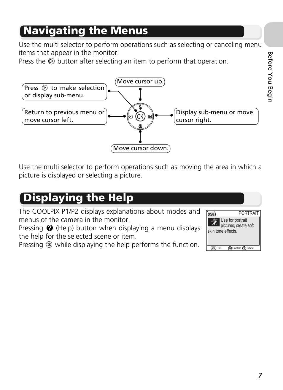 Navigating the menus, Displaying the help | Nikon P1 - P2 User Manual | Page 19 / 183