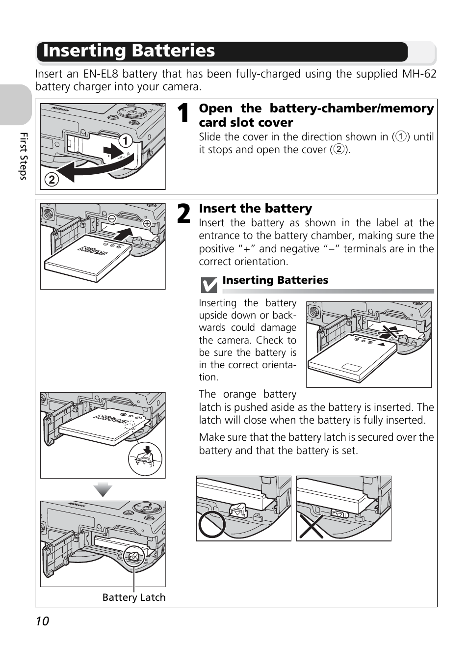 Inserting batteries | Nikon P1 - P2 User Manual | Page 22 / 183