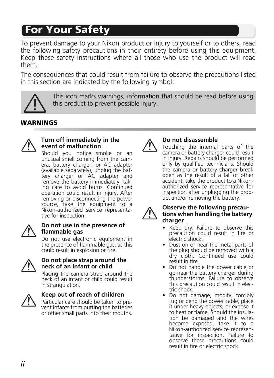 For your safety | Nikon P1 - P2 User Manual | Page 4 / 183