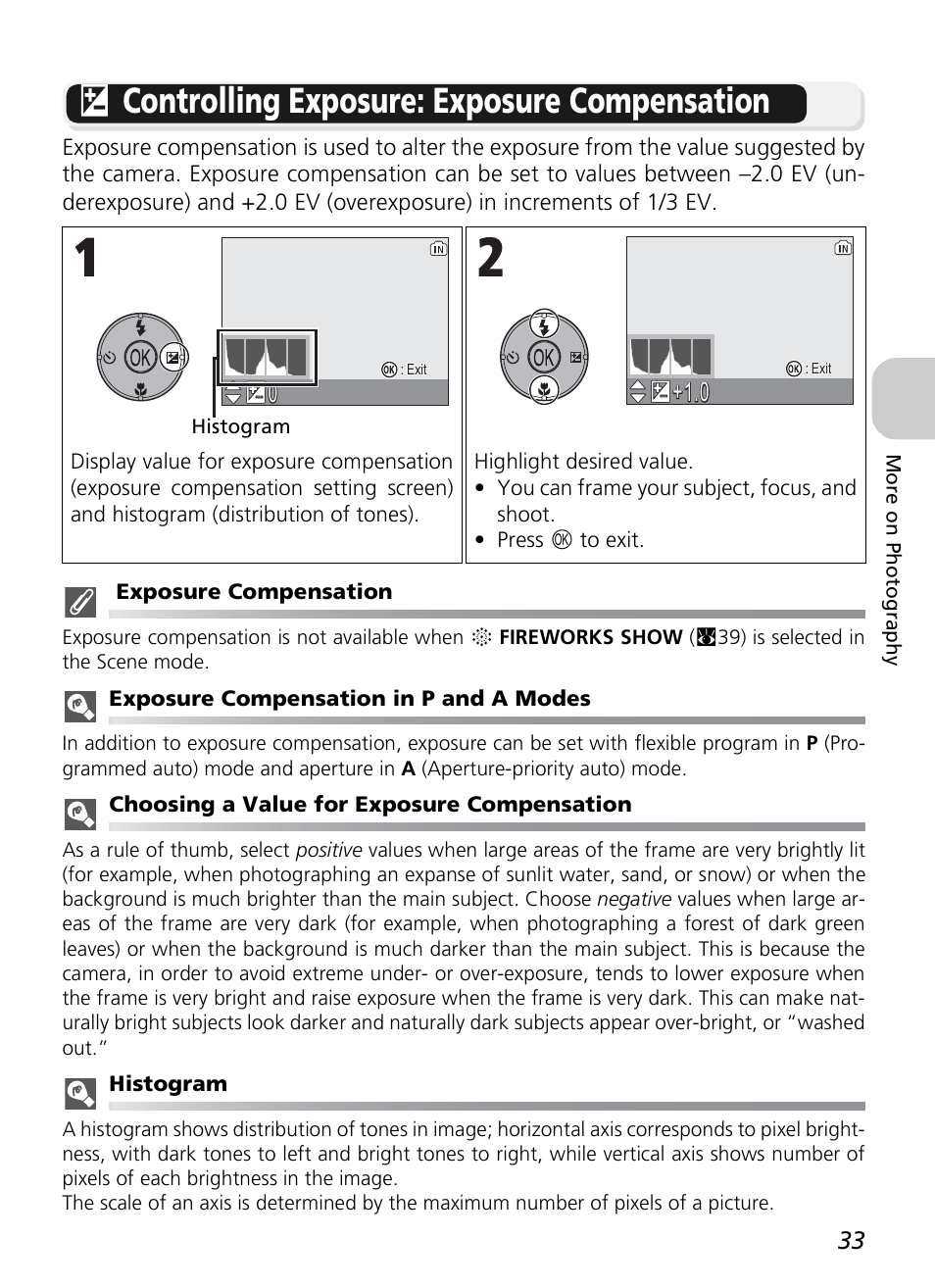 I controlling exposure: exposure compensation | Nikon P1 - P2 User Manual | Page 45 / 183