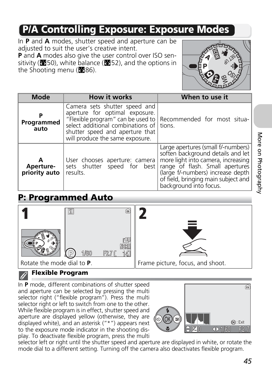 P/a controlling exposure: exposure modes, P: programmed auto, F2.7 | F2.7 00 | Nikon P1 - P2 User Manual | Page 57 / 183