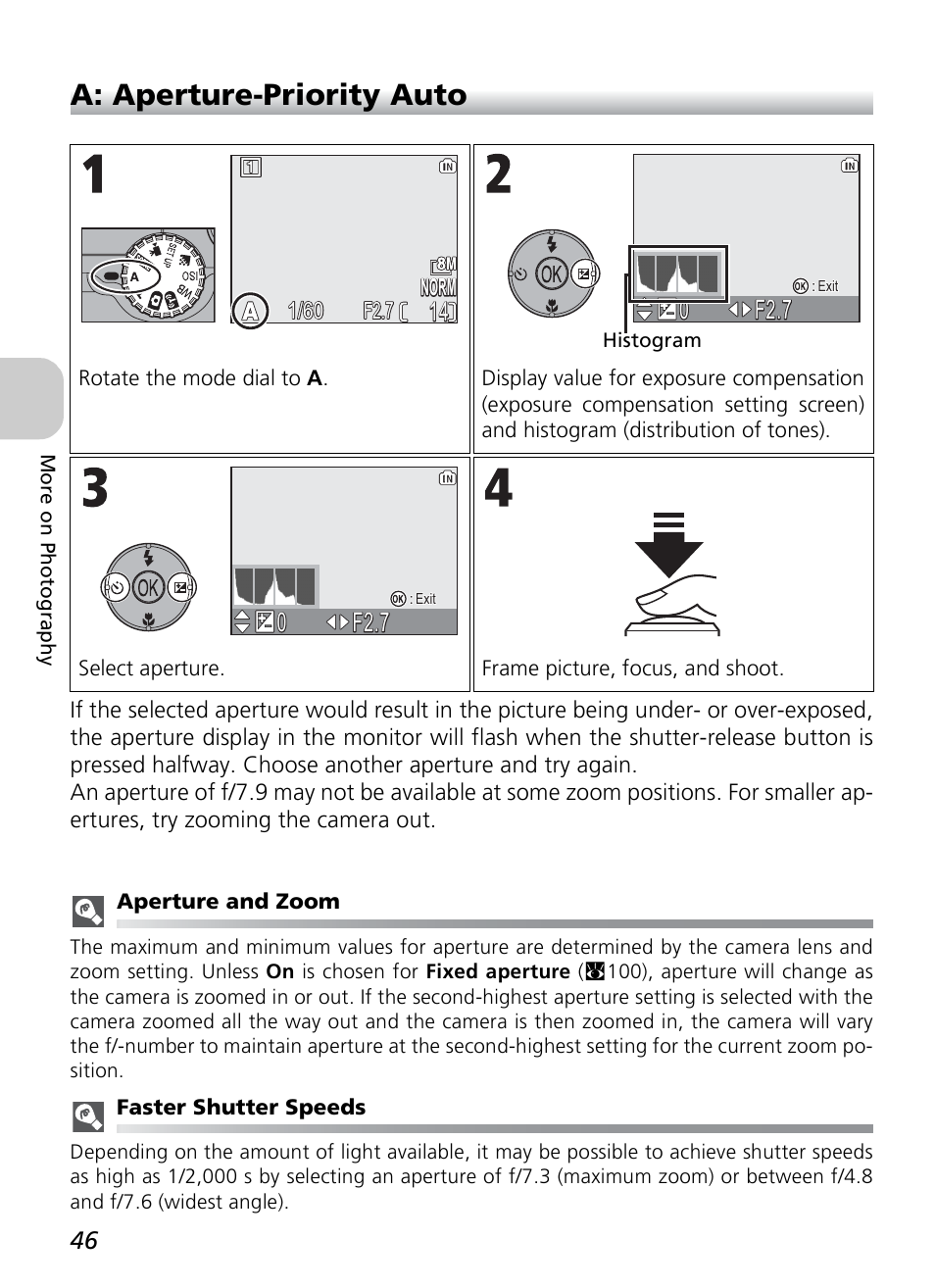 A: aperture-priority auto, F2.7, F2.7 00 | Nikon P1 - P2 User Manual | Page 58 / 183