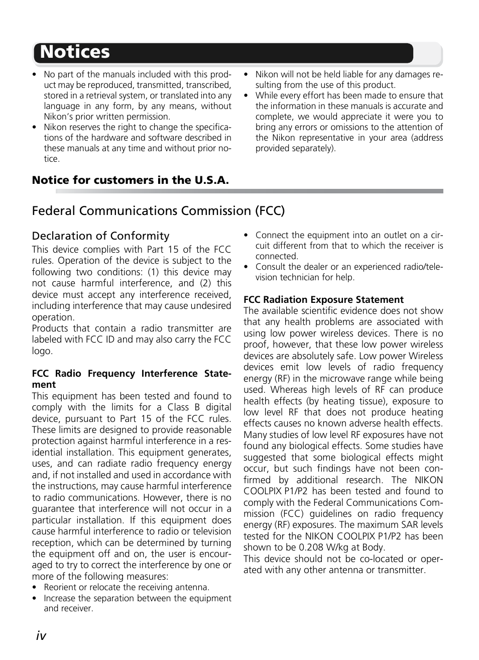 Notices, Federal communications commission (fcc) | Nikon P1 - P2 User Manual | Page 6 / 183