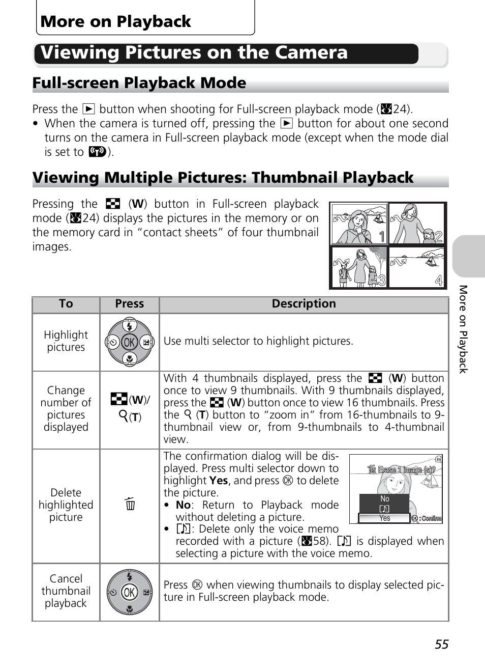 Viewing pictures on the camera, More on playback, Full-screen playback mode | Viewing multiple pictures: thumbnail playback | Nikon P1 - P2 User Manual | Page 67 / 183