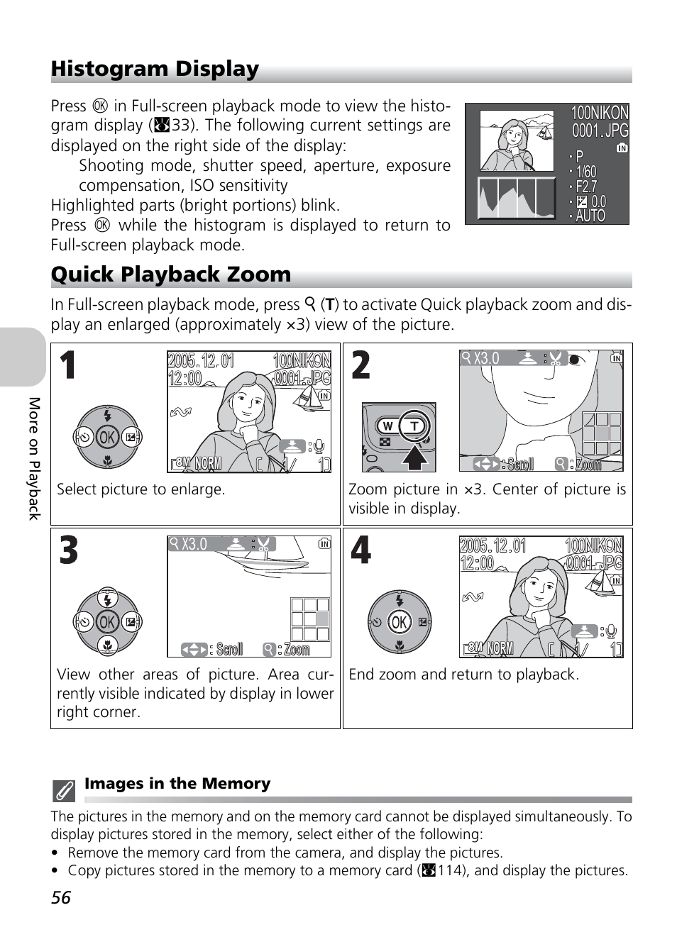 Histogram display, Quick playback zoom | Nikon P1 - P2 User Manual | Page 68 / 183