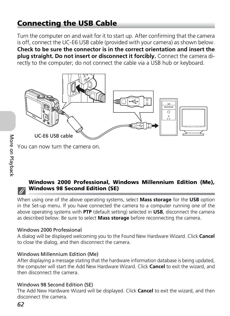 Connecting the usb cable | Nikon P1 - P2 User Manual | Page 74 / 183