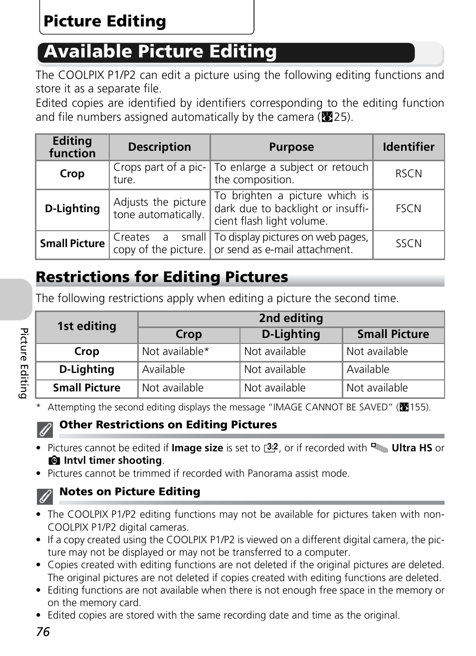Available picture editing, Picture editing, Restrictions for editing pictures | Nikon P1 - P2 User Manual | Page 88 / 183