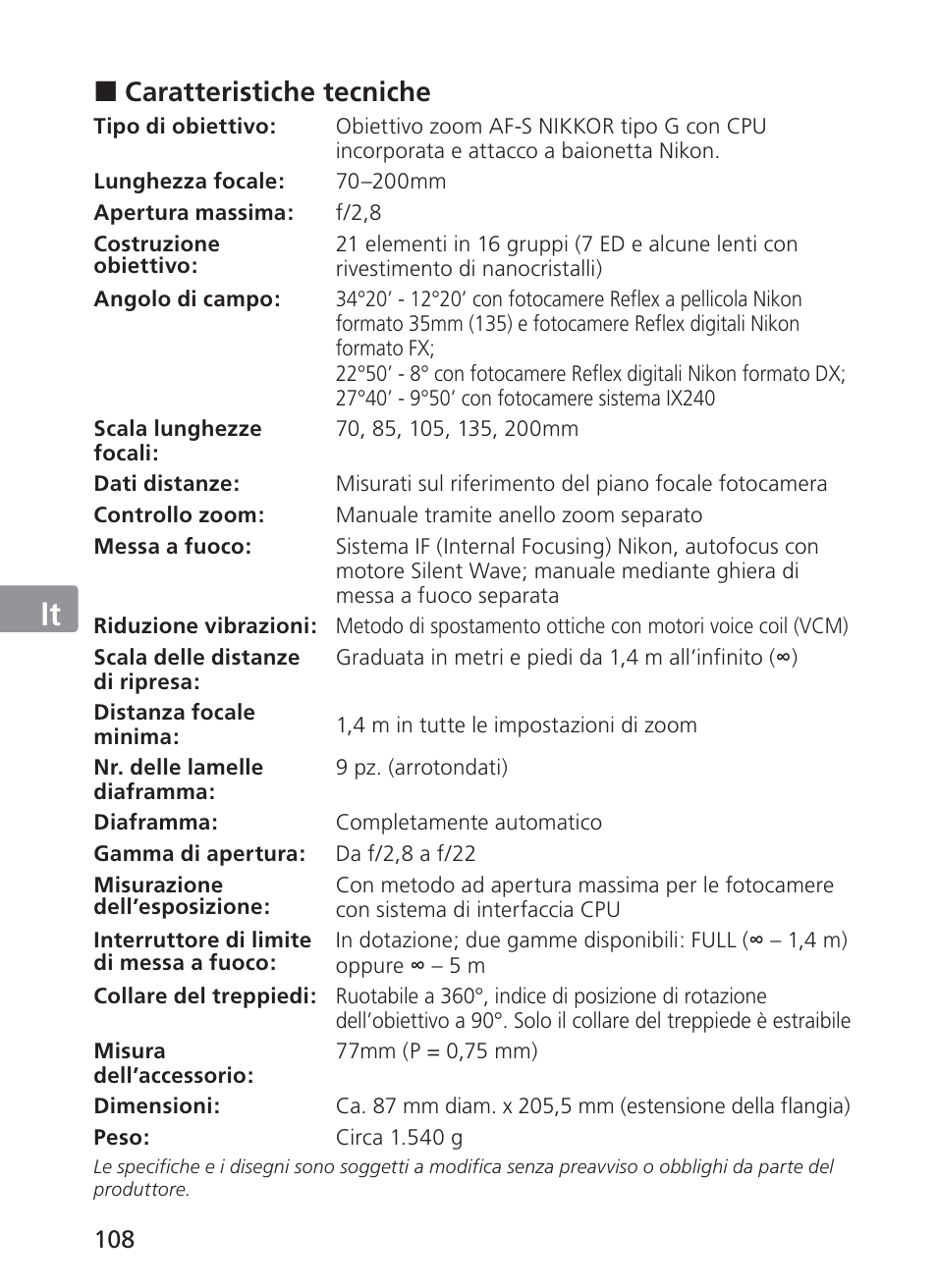 Jp en de fr es se ru nl it ck ch kr, Caratteristiche tecniche | Nikon AF-S VR II 70-200mm f-2.8G ED User Manual | Page 108 / 180