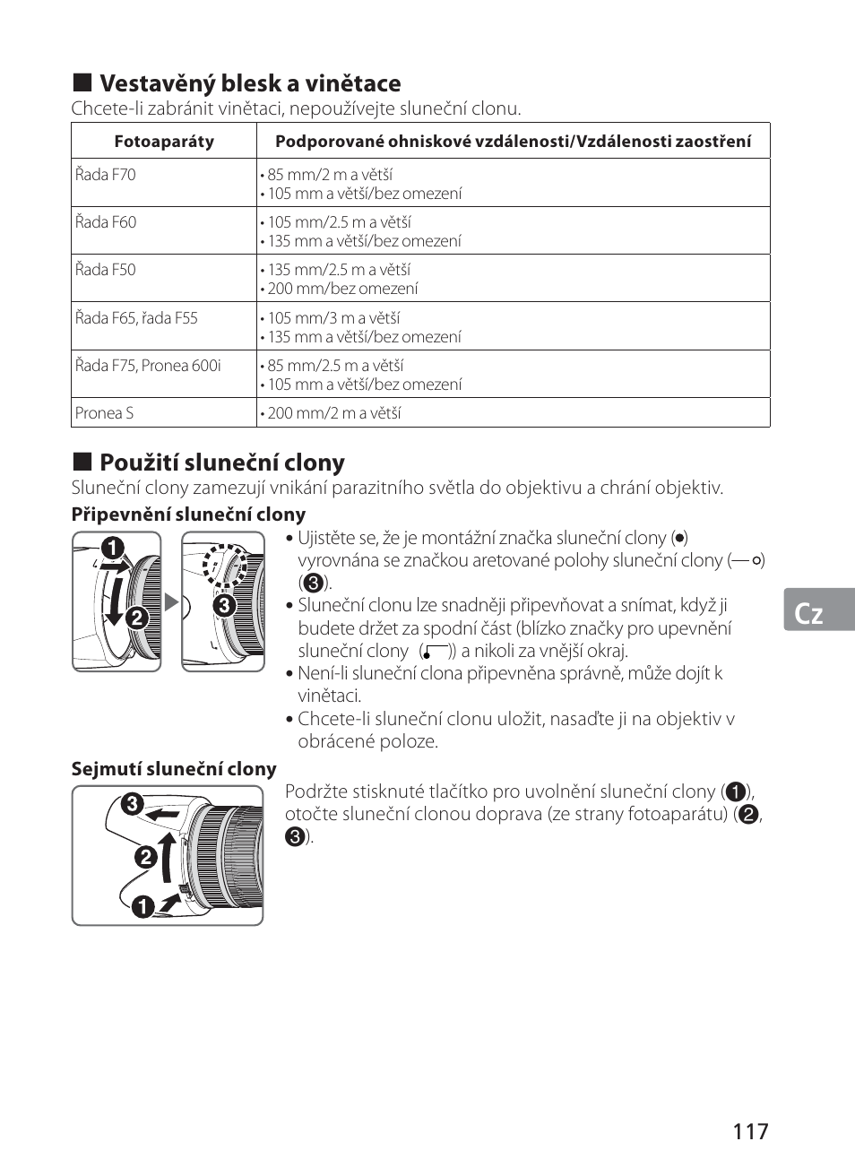 Jp en de fr es se ru nl it cz ch kr, Vestavěný blesk a vinětace, Použití sluneční clony | Nikon AF-S VR II 70-200mm f-2.8G ED User Manual | Page 117 / 180
