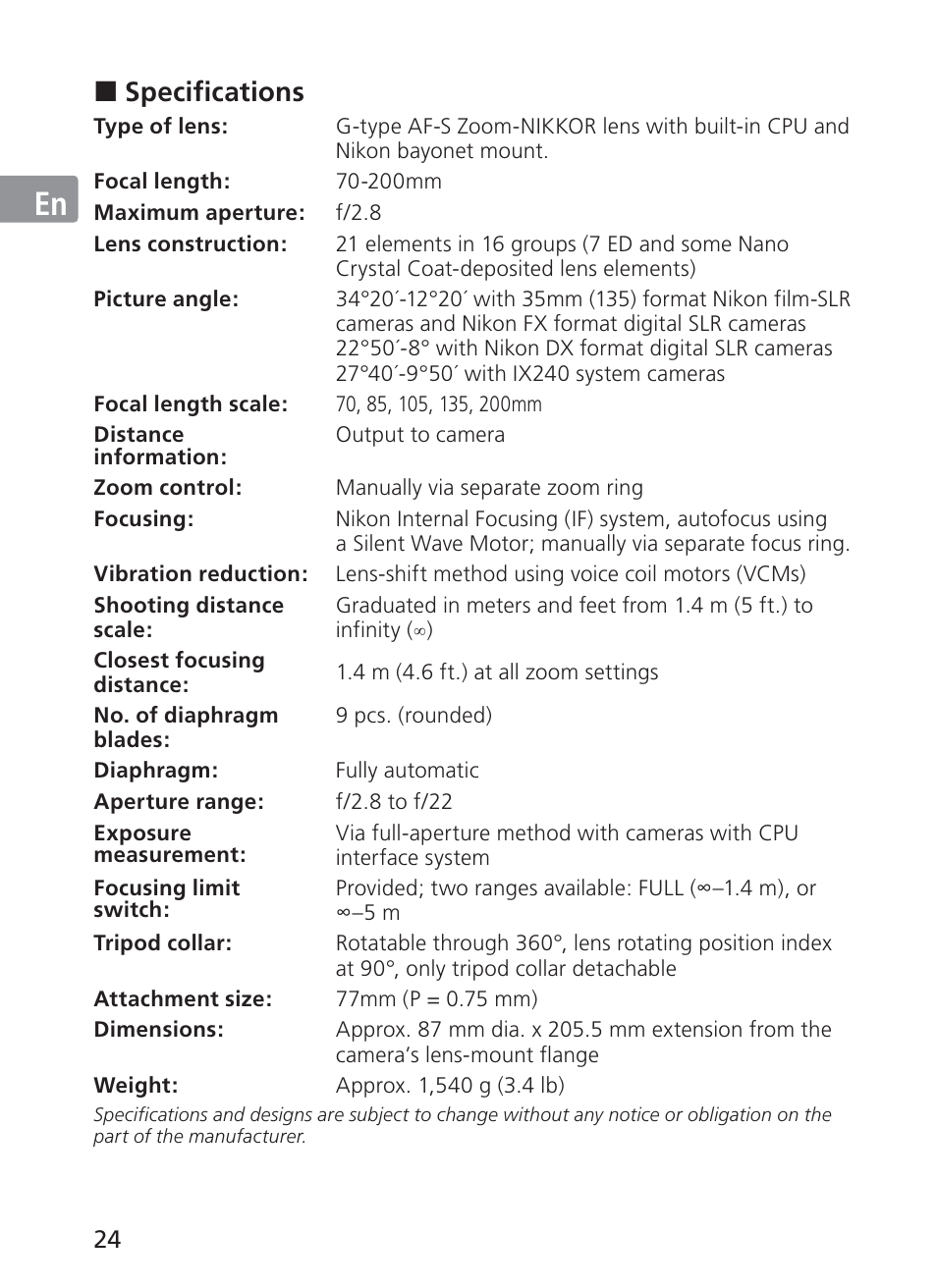 Jp en de fr es se ru nl it ck ch kr, Specifications | Nikon AF-S VR II 70-200mm f-2.8G ED User Manual | Page 24 / 180