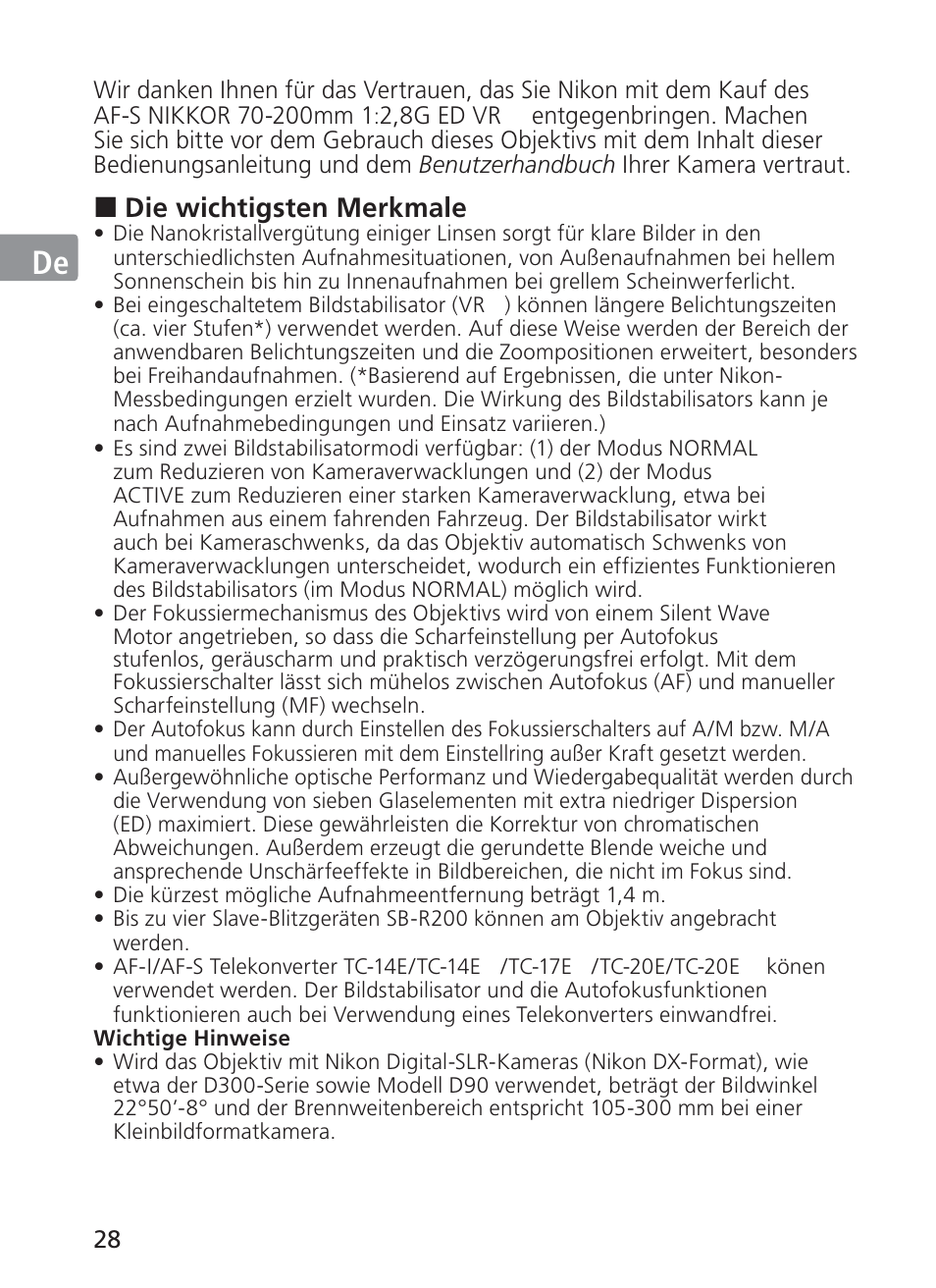 Jp en de fr es se ru nl it ck ch kr | Nikon AF-S VR II 70-200mm f-2.8G ED User Manual | Page 28 / 180