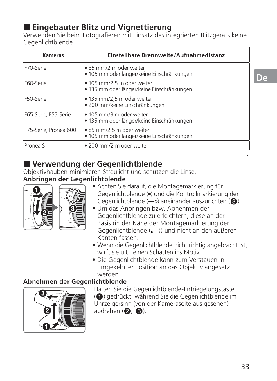 Jp en de fr es se ru nl it ck ch kr, Eingebauter blitz und vignettierung, Verwendung der gegenlichtblende | Nikon AF-S VR II 70-200mm f-2.8G ED User Manual | Page 33 / 180