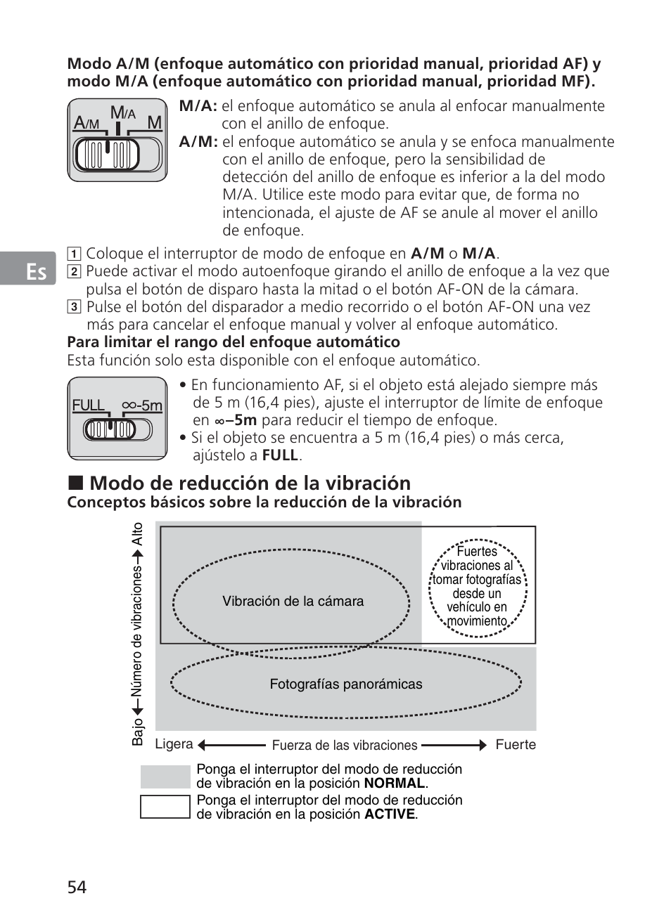 Jp en de fr es se ru nl it ck ch kr, Modo de reducción de la vibración | Nikon AF-S VR II 70-200mm f-2.8G ED User Manual | Page 54 / 180