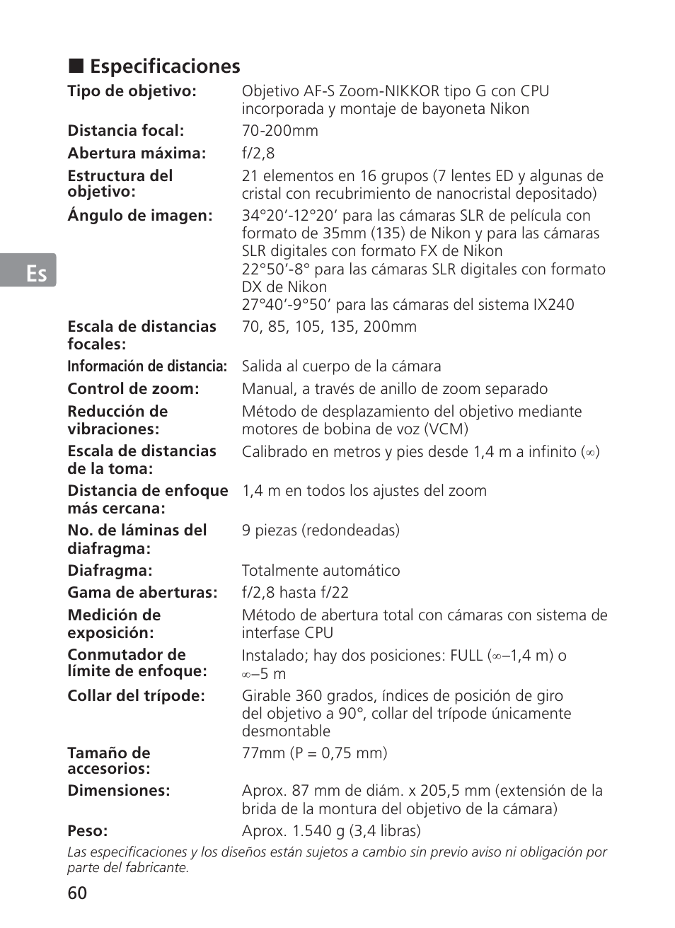 Jp en de fr es se ru nl it ck ch kr, Especificaciones | Nikon AF-S VR II 70-200mm f-2.8G ED User Manual | Page 60 / 180
