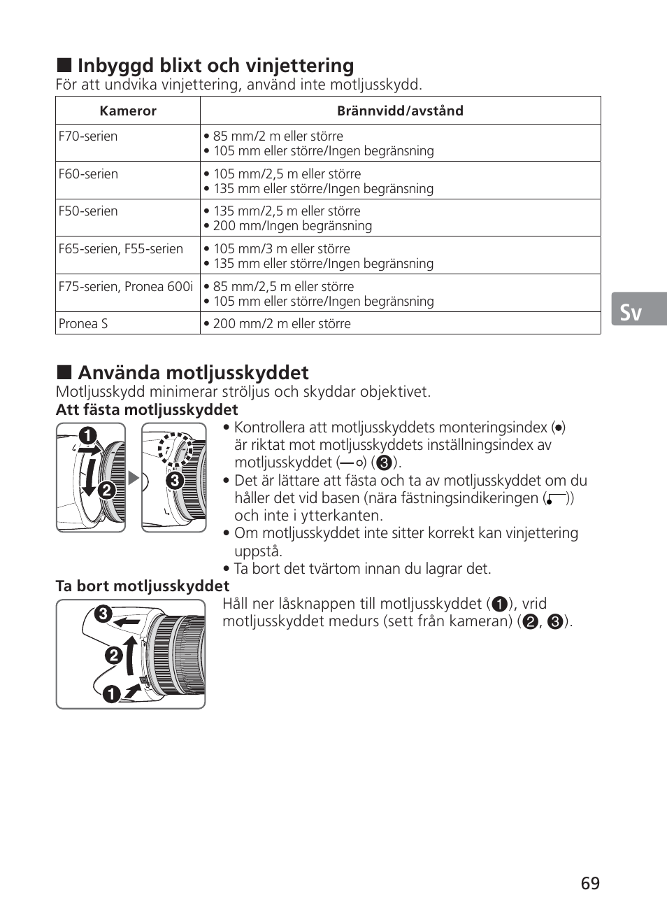 Jp en de fr es sv ru nl it ck ch kr, Inbyggd blixt och vinjettering, Använda motljusskyddet | Nikon AF-S VR II 70-200mm f-2.8G ED User Manual | Page 69 / 180