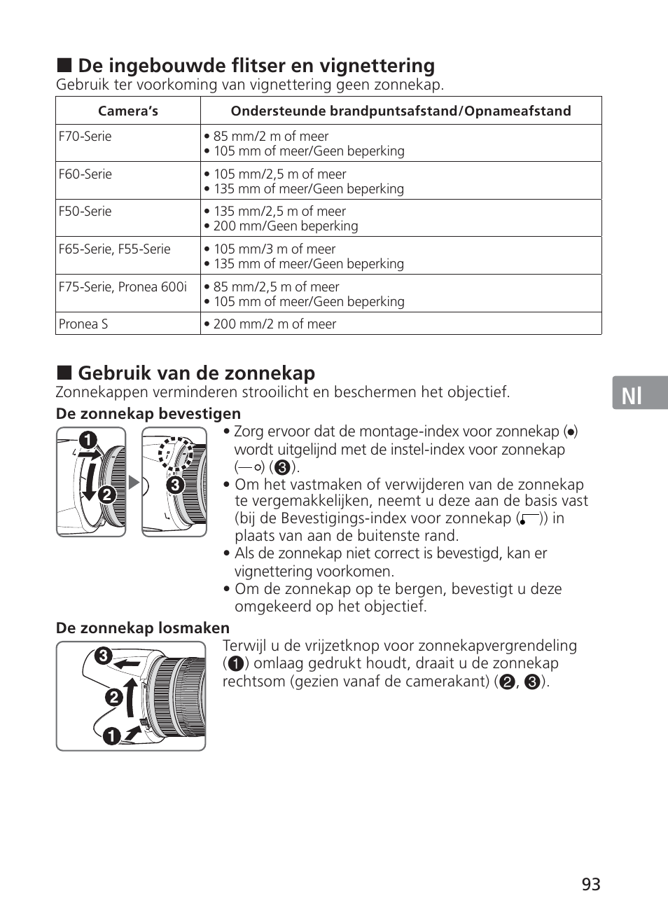 Jp en de fr es se ru nl it ck ch kr, De ingebouwde flitser en vignettering, Gebruik van de zonnekap | Nikon AF-S VR II 70-200mm f-2.8G ED User Manual | Page 93 / 180