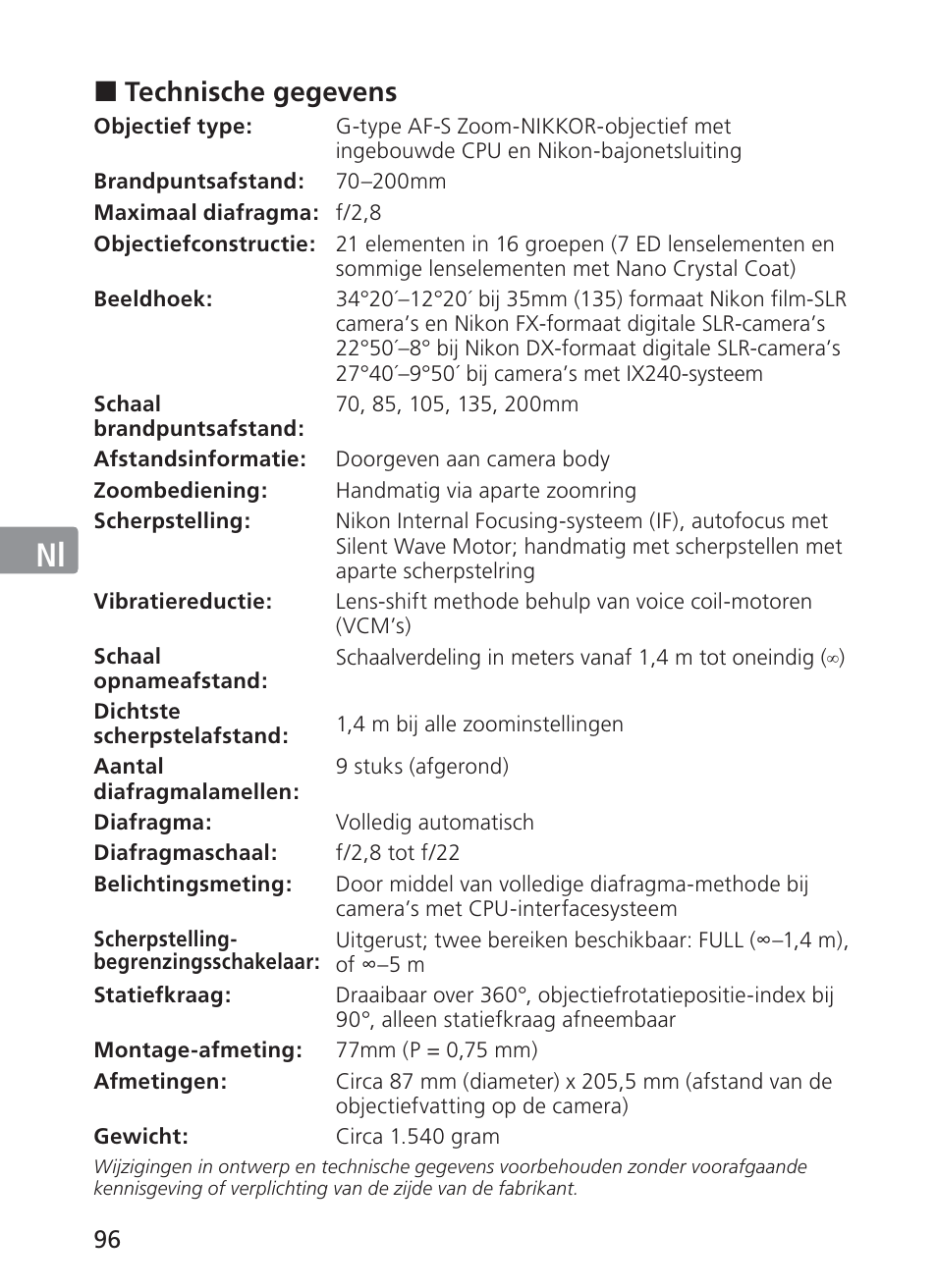 Jp en de fr es se ru nl it ck ch kr, Technische gegevens | Nikon AF-S VR II 70-200mm f-2.8G ED User Manual | Page 96 / 180